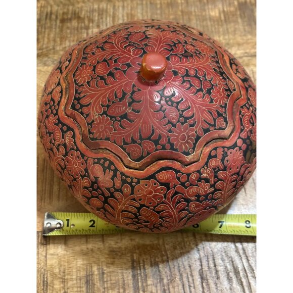 Mexican Handcrafted Decorative Red & Black Lidded Gourd Bowl With Floral & Fish - Picture 8 of 8